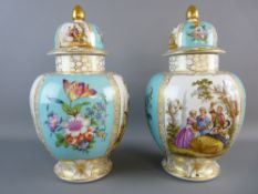 A LARGE PAIR OF DRESDEN OVOID FORM VASES with covers, late 19th/early 20th Century, the domed covers