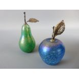 JOHN DITCHFIELD APPLE AND PEAR GLASFORM PAPERWEIGHTS, blue and green iridescent glass with