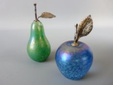 JOHN DITCHFIELD APPLE AND PEAR GLASFORM PAPERWEIGHTS, blue and green iridescent glass with
