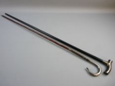 TWO HALLMARKED SILVER TOPPED WALKING CANES, a natural wood form with shepherd's crook handle, 89 cms