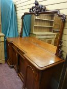 A VICTORIAN MAHOGANY MIRRORBACK CHIFFONIER SIDEBOARD, the mirror frame with heavy open carved