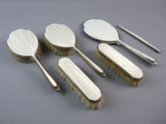 A HALLMARKED SILVER AND GUILLOCHE ENAMEL MIRROR AND BRUSH SET, comprising hand mirror, four