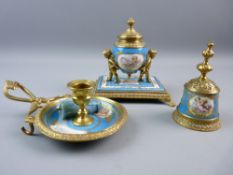 A 19th CENTURY SEVRES STYLE DESK SET, gilt metal mounted porcelain with cherubic and floral