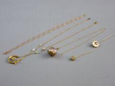 A SMALL PARCEL OF MAINLY GOLD ITEMS including two stickpins, one horseshoe and one seed pearl