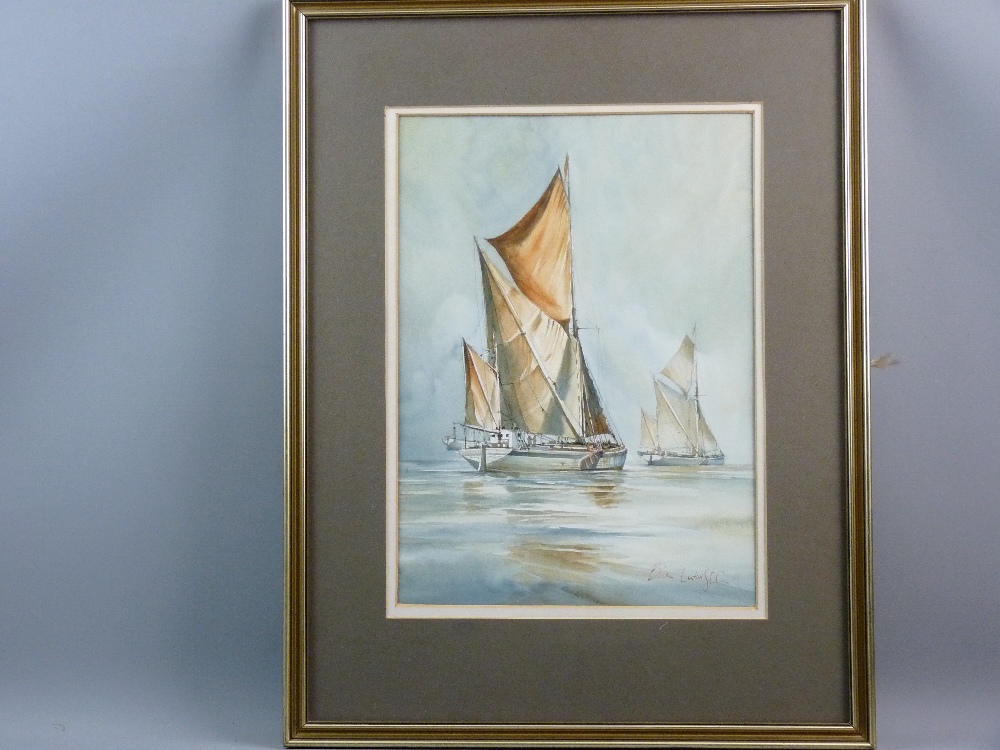 BRIAN ENTWISTLE watercolour - a twinmaster under sail with another leading boat, signed, 39 x 28