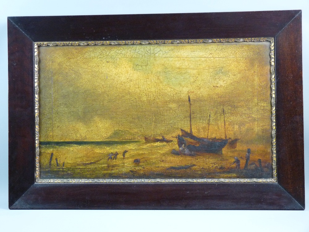19th CENTURY ENGLISH SCHOOL oil on canvas, for restoration - coastal scene with beached boats and