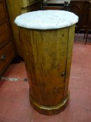 A VICTORIAN BURR WALNUT MARBLE TOPPED POT CUPBOARD with segmented single door cabinet with shelf