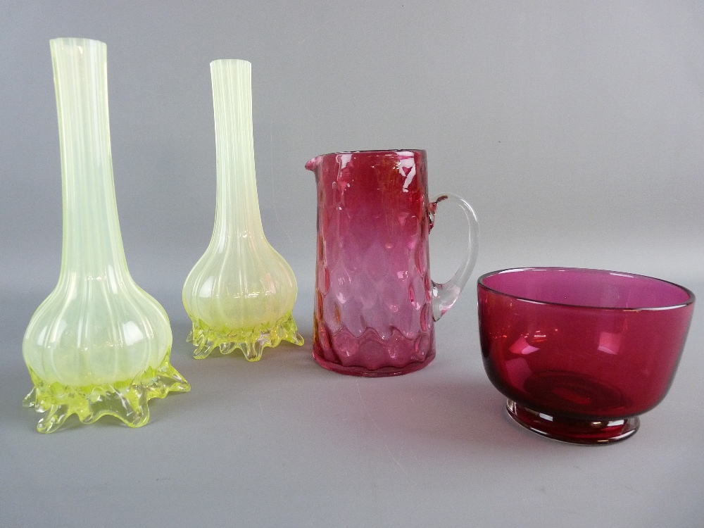 A PAIR OF VASELINE GLASS STEMMED VASES and two cranberry glass items, the onion shaped vases with