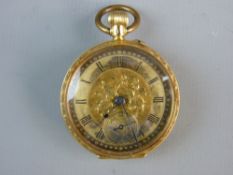 AN EIGHTEEN CARAT GOLD ENCASED LADY'S FOB WATCH with floral chased back and decorative dial (some