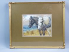 LUCY KEMP-WELCH watercolour and gouache - a stooked cornfield overlooked by two friendly horses, one