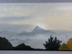 EGLANTINE MOREAU oil on canvas - 'Misty Landscape, Pic de Cos', signed, 50 x 150 cms