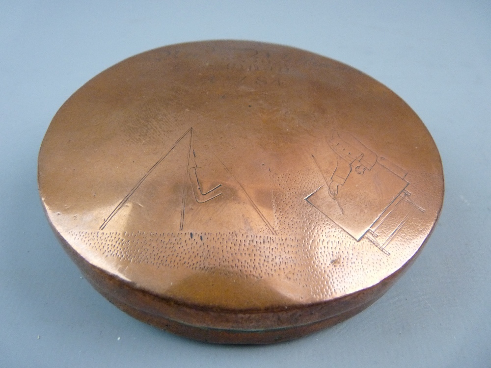 AN ANTIQUE CIRCULAR COPPER SNUFF BOX, 1784 Welsh Interest, the lid decorated with a period dressed