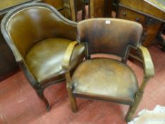 TWO VINTAGE CLUB TYPE ARMCHAIRS in hide/leather effect upholstery with brass button finishing, 53