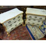 A PAIR OF FRENCH STYLE BOMBE CHESTS having a shaped gilded edge top and three front drawers with