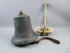 A VINTAGE BRONZE SHIP'S BELL AND A BOAT ANCHOR, the bell marked with 'ER' cypher and stamped 'S C