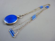 A SILVER AND GUILLOCHE ENAMEL PENDANT POWDER COMPACT AND CHAIN, the cobalt blue decorated case