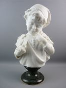 A LARGE ITALIAN CARVED ALABASTER BUST of a saddened young boy holding a bird, signed to the