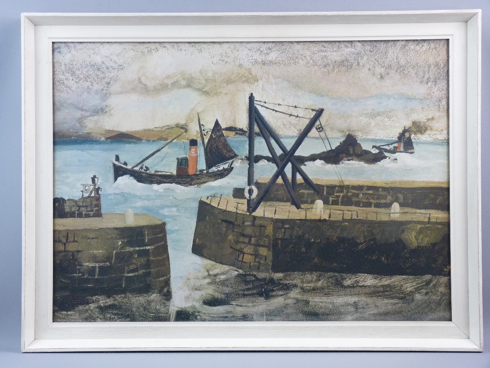 Attributed to CHRISTOPHER WOOD coloured print - a trawler entering harbour, entitled verso '