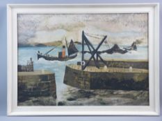 Attributed to CHRISTOPHER WOOD coloured print - a trawler entering harbour, entitled verso '