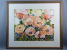 JOE HALDANE watercolour - vibrant study of a group of pink poppies, with artist's initials and title