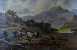W G LOVERING oil on canvas - view of horse backed farmers driving cattle to waters edge with dog and