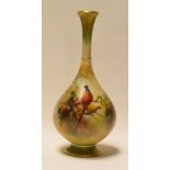 A ROYAL WORCESTER NARROW NECKED VASE painted with pheasants perched in fir trees by Walter