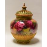 A ROYAL WORCESTER POT-POURRI with basket-weave openwork cover and base (internal lid missing)