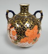 A DERBY PORCELAIN GLOBULAR VASE having a narrow neck and twin handles, decorated in the Imari