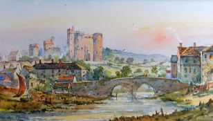 ROY CARTER watercolour - river bridge with castle in background entitled verso 'Kidwelly Castle',