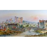 ROY CARTER watercolour - river bridge with castle in background entitled verso 'Kidwelly Castle',
