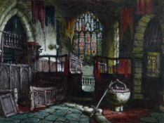 MARGARET RAYNER watercolour - interior of the chapel at Haddon Hall, Derbyshire, 25 x 33cms