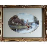 FRAMED OVAL ROYAL WORCESTER PLAQUE of concave form, painted with a thatched cottage, church, bridge,