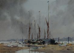 SIDNEY CARDEW watercolour - moored boats on sand banks, entitled verso 'Cluster of Barges',