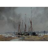 SIDNEY CARDEW watercolour - moored boats on sand banks, entitled verso 'Cluster of Barges',