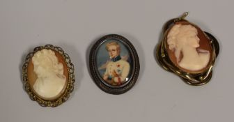 TWO CAMEO BROOCHES & A PORTRAIT MINIATURE BROOCH
