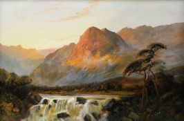 T. J. VANISON oils on canvas - a pair, cascading mountain stream and fjord, both signed, 50 x 75cms