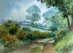 VERNON H HILL watercolour - country lane with farm and buildings in background entitled verso, '