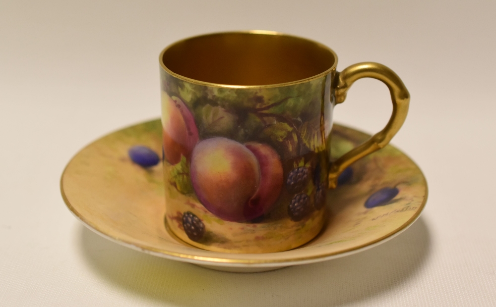 A ROYAL WORCESTER COFFEE-CAN & SAUCER decorated with fruit by W H Austin, date mark for 1923 - Image 2 of 2