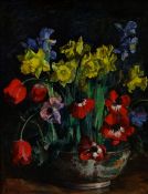A M VENESS oil on canvas - still life of garden flowers in a Chinese decorated bowl, signed, 45 x