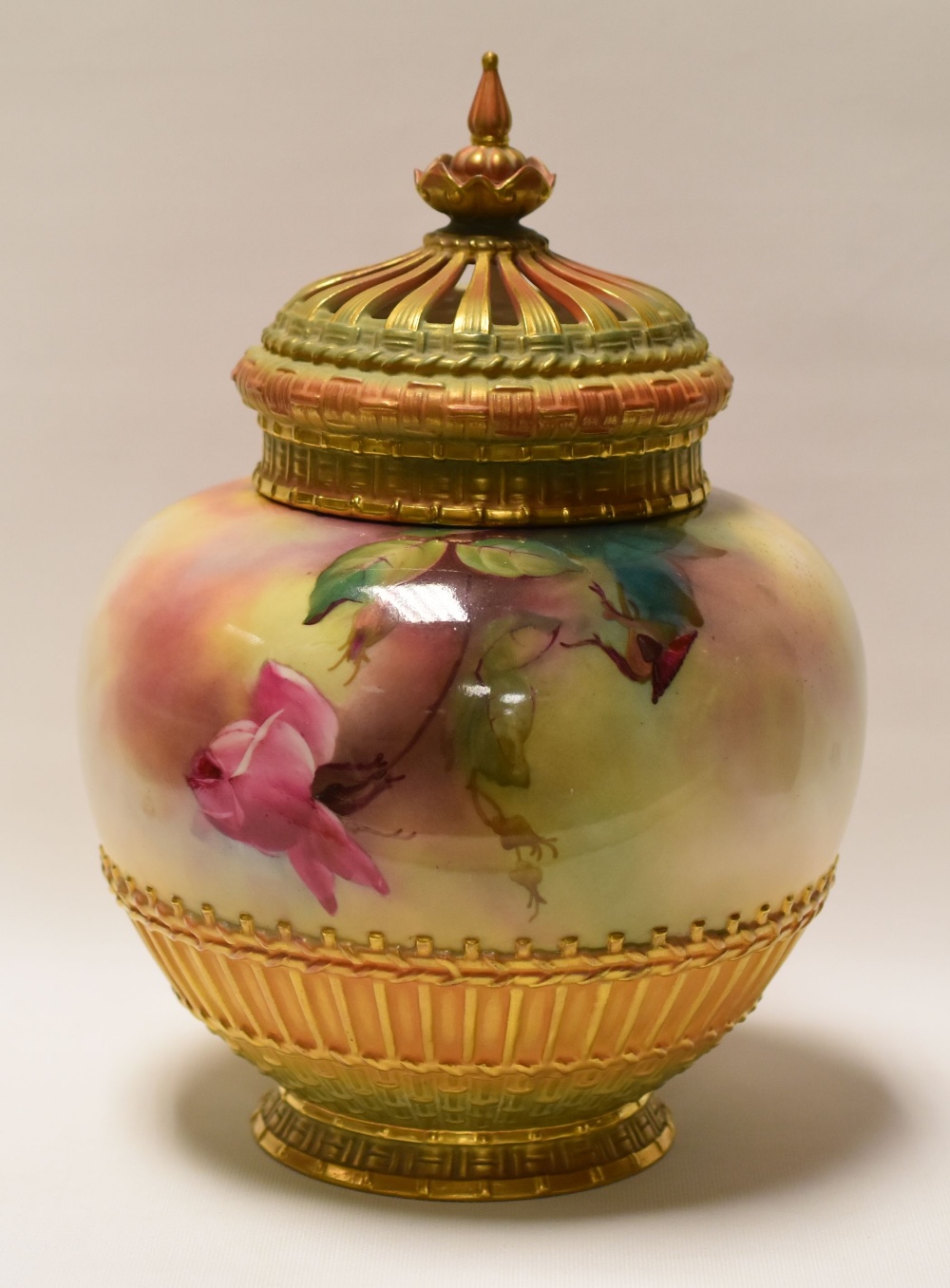 A ROYAL WORCESTER POT-POURRI with basket-weave openwork cover and base (internal lid missing) - Image 2 of 2