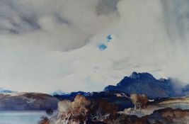 SIR WILLIAM RUSSELL FLINT print - mountain scape with lake and trees to foreground, 36 x 51cms