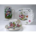 A PARCEL OF THREE PORCELAIN ITEMS comprising a Samson or style mug decorated with an exotic bird,