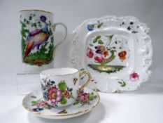 A PARCEL OF THREE PORCELAIN ITEMS comprising a Samson or style mug decorated with an exotic bird,