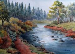 L B SEARLE watercolour - river running through woodland entitled verso 'End of the Pinewood, Usk,