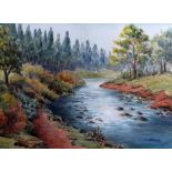 L B SEARLE watercolour - river running through woodland entitled verso 'End of the Pinewood, Usk,