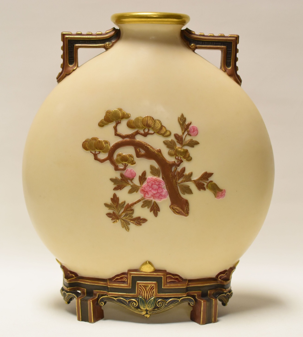 A ROYAL WORCESTER MOON FLASK having twin handles and raised on four feet in ivory ground and - Image 2 of 2