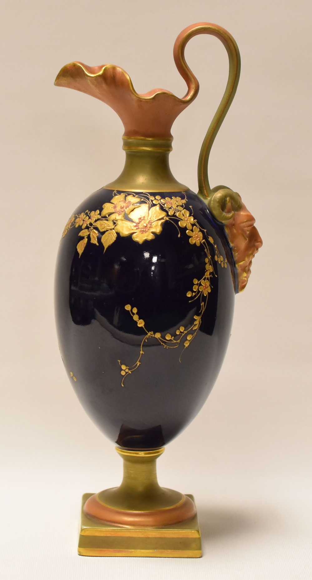 A ROYAL WORCESTER WATER JUG on a square base, with crimped neck and handle terminating in Achelous - Image 2 of 2