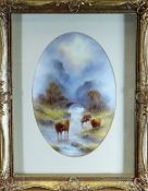 FRAMED OVAL ROYAL WORCESTER PLAQUE of concave form, painted with a Scottish Highland scene of