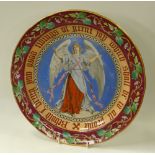 A COPELAND POTTERY ARTS & CRAFTS CHARGER decorated with a standing angel and in Gothic font '