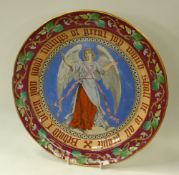 A COPELAND POTTERY ARTS & CRAFTS CHARGER decorated with a standing angel and in Gothic font '